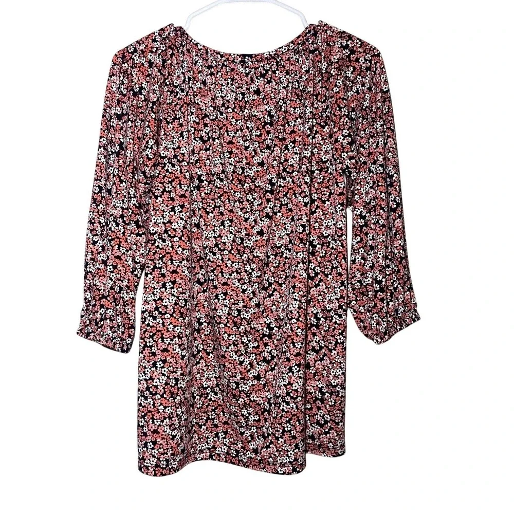 Michael Kors Boho Womens Floral Print 3/4 Sleeve Scoop Neck Smocked Top Blouse M